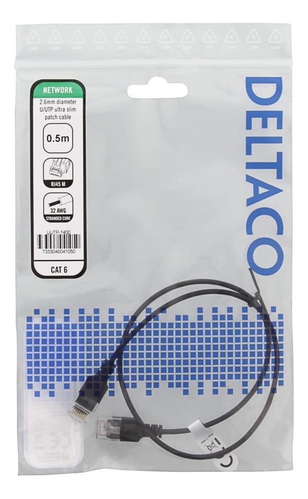 DELTACO Ultra Slim U/UTP Cat.6 patch cable, OD:2.6mm, Black