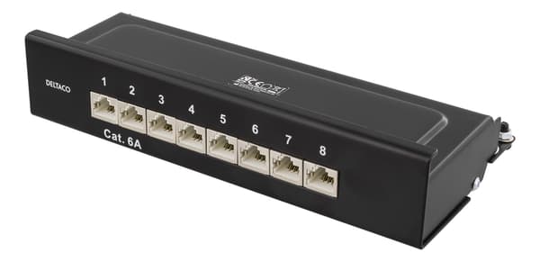 DELTACO Patch Panel, 8xRJ45, Cat6a, wall-mountable, metal, black