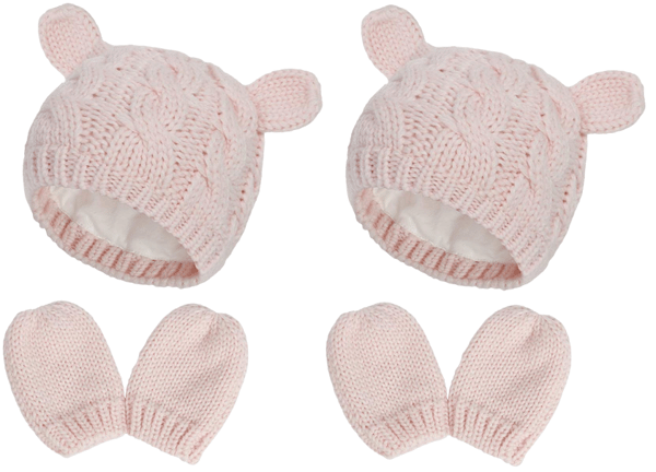 2 x Gulligt stickat set med mössa och vantar för bebis, Medium, Rosa
