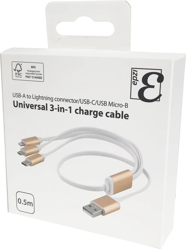EPZI Multi-lader, USB-C, Lightning, Micro USB, USB-A, 50 cm, hvit