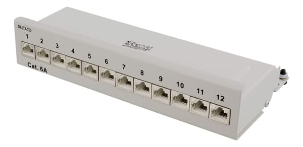 DELTACO Patch Panel, 12xRJ45, Cat6a, wall-mountable, metal, gray
