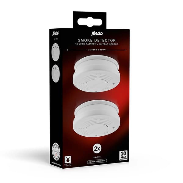 Alecto Rökdetektor med 10 års drifttid för batteri och sensor 2-pack Vit