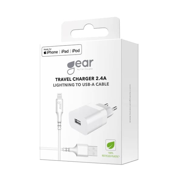 Gear Lader 220V 1xUSB-A 2,4A HvitLightning Kabel 1m MFI C89