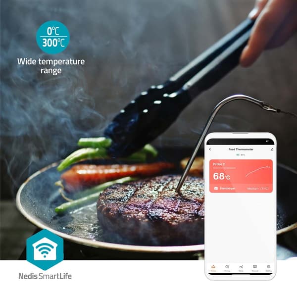 Nedis SmartLife kötttermometer | Buzzer / Push notification | Bluetooth® | Timer | LCD | Antal prober: 2 | 1.20 m | Clips för prober | Nedis® SmartLif