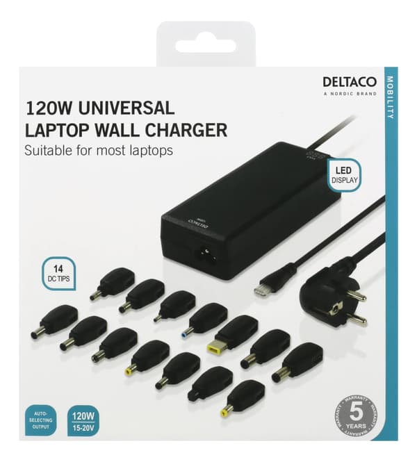 DELTACO laddare för notebook, 15-20 V, 8 A, 120 W, LED-display