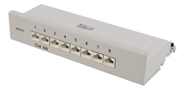 DELTACO Kretspanel, 8xRJ45, Cat6a, veggmonterbart, 10Gbps, grå