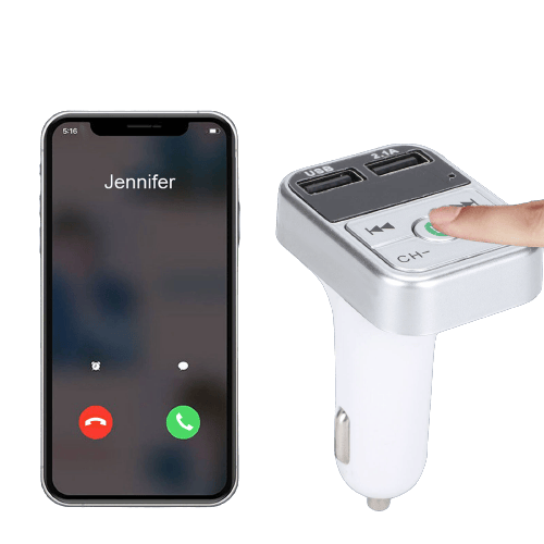 FM-sender med doble USB-uttak, display og knapper, Sølv