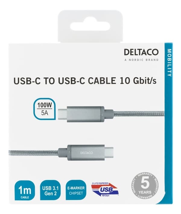 DELTACO USB-C SuperSpeed-kabel, 1m, USB 3.1 Gen 2, 10 Gbps, 100W, silv