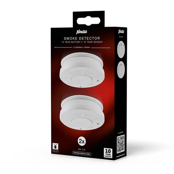 Alecto Rökdetektor med 10 års drifttid för batteri och sensor 2-pack Vit