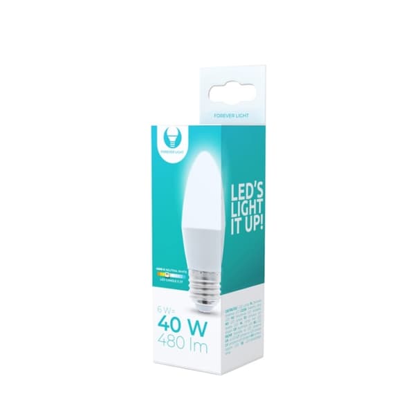 LED-lampe E27, C37, 6W, 4500K, hvid neutral
