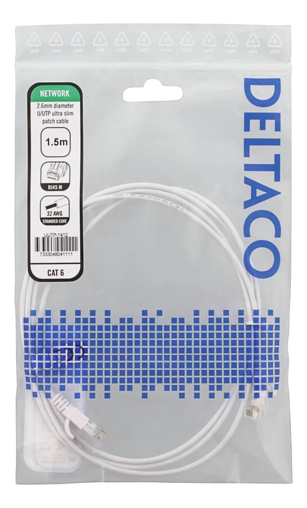 DELTACO Ultra Slim U/UTP Cat.6 patchkabel, OD:2,6 mm, 1,5 m, hvit