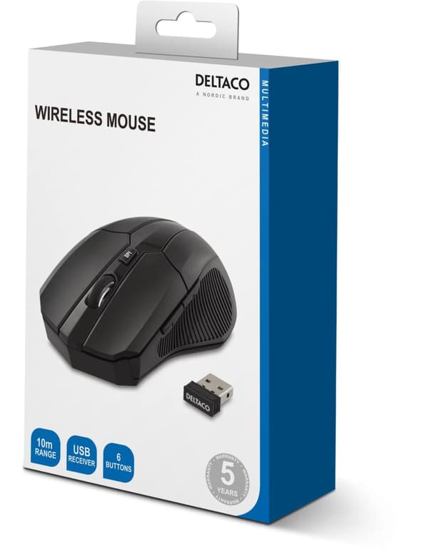 DELTACO trådløs optisk mus, 5 knapper med scroll, DPI-val, USB, svar
