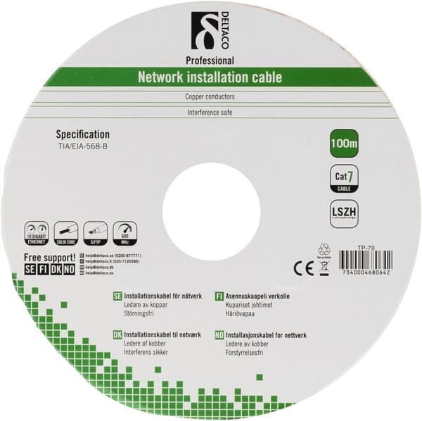 DELTACO S/FTP installationskabel Cat7, 100m, grå (TP-70)