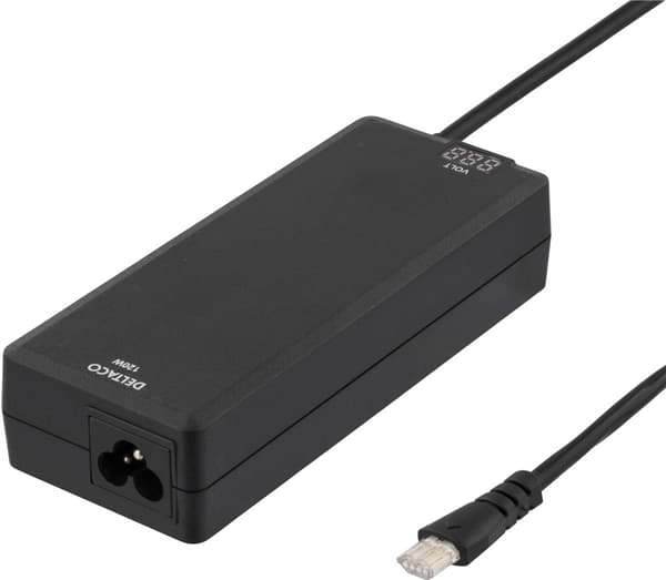 DELTACO laddare för notebook, 15-20 V, 8 A, 120 W, LED-display