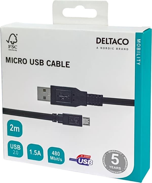 DELTACO USB 2.0 kabel Typ A ha - Typ Micro B ha, 5-pin, 2m, svart (MICRO-103)