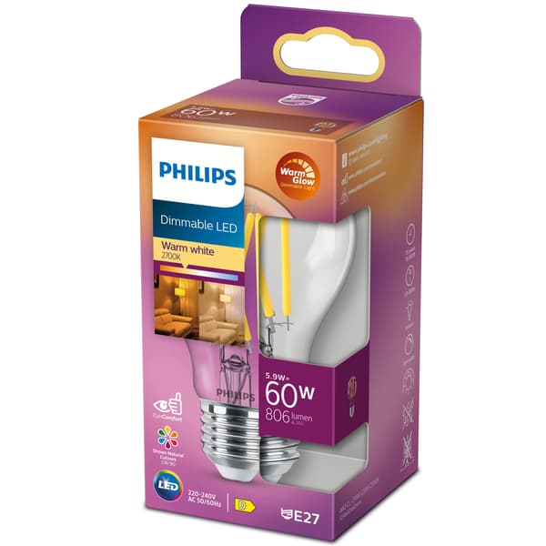 Philips LED E27 Normal 60W Klar Dimbar WarmGlow 806lm