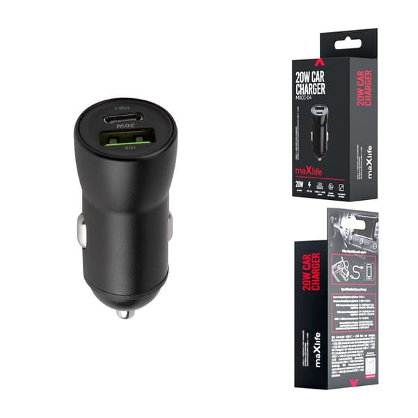 Maxlife MXCC-04 PD QC biloplader 1x USB-C 1x USB 20W, sort