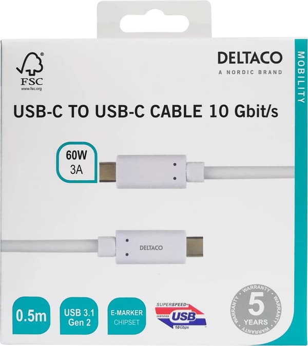USBC 3.1 GEN2 10Gbps/3A/E-markør 0,5 m