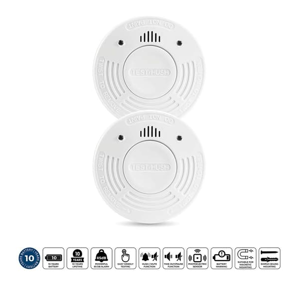 Alecto Rökdetektor med 10 års drifttid för batteri och sensor 2-pack Vit