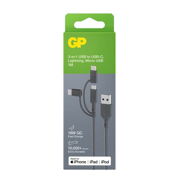 GP Kabel USB-A Til USB-C 3-I-1 Micro-USB + Lightning CY1N 1m