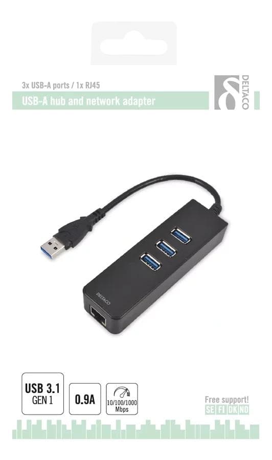 DELTACO, USB 3.0 netværksadapter, 1000Mbps,  1xRJ45, 3xUSB-A hun, sort