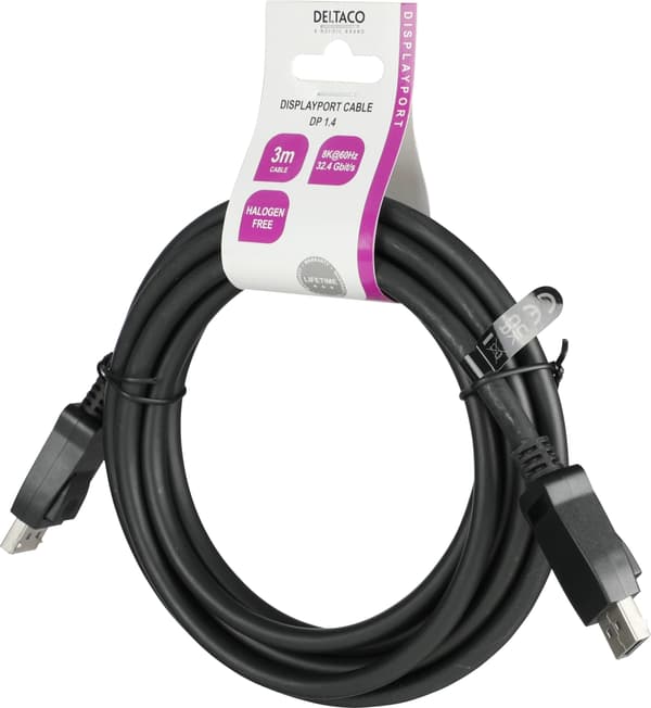 DELTACO DisplayPort cable, DP 1.4, 8K@60Hz, 3m, black