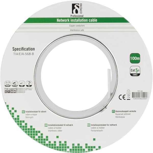 DELTACO U/UTP installationskabel, Cat5e, 100m, vit (TP-38)