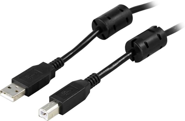 DELTACO USB 2.0 kabel Type A han - Type B han, ferrikerner, 5m, sort
