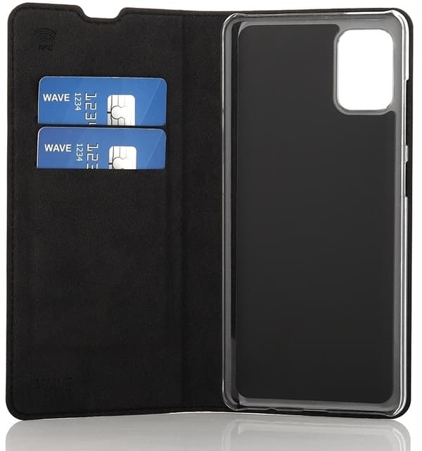 Wave BookCase -suojakotelo, Samsung Galaxy A51, musta