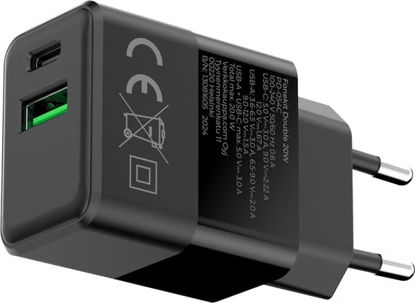 FoneKit Dobbel 20W-lader, USB-C + USB-A, svart