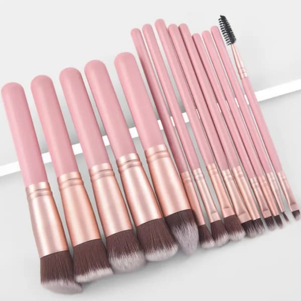 Sæt med 14 makeupbørster, pink