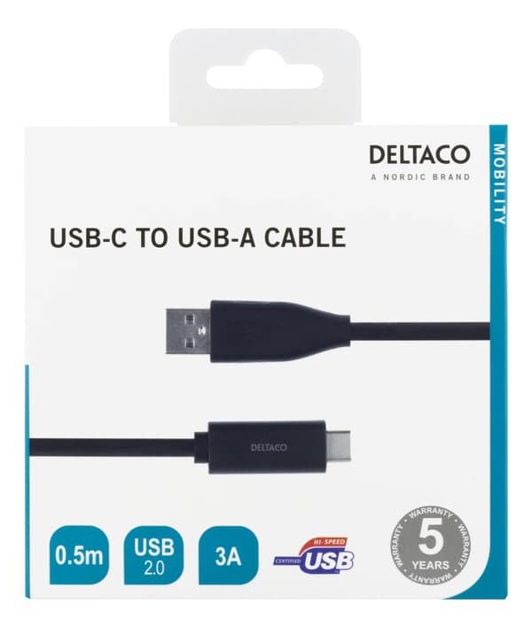 DELTACO USB-C - USB-A-kaapeli, 0,5m, 3A, USB 2.0, musta