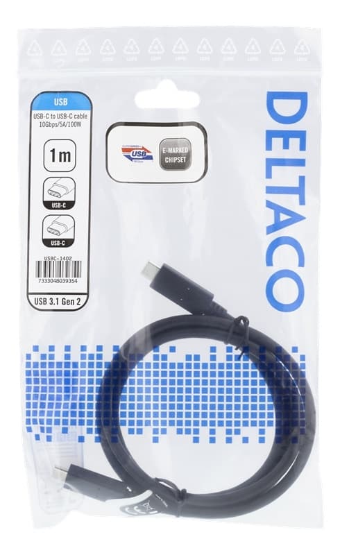 DELTACO USB-C til USB-C-kabel, 1 m, 10 Gbps, 100 W 5A, USB 3.1 Gen 2, E-merket