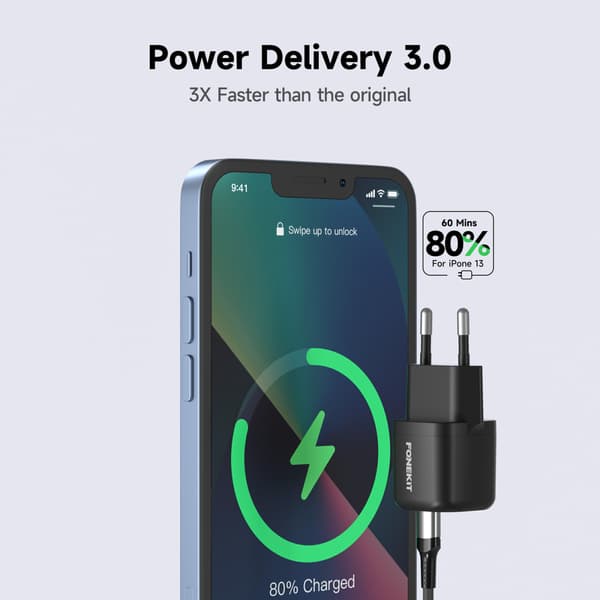 FoneKit Mini 20W AC-lader, USB-C, svart