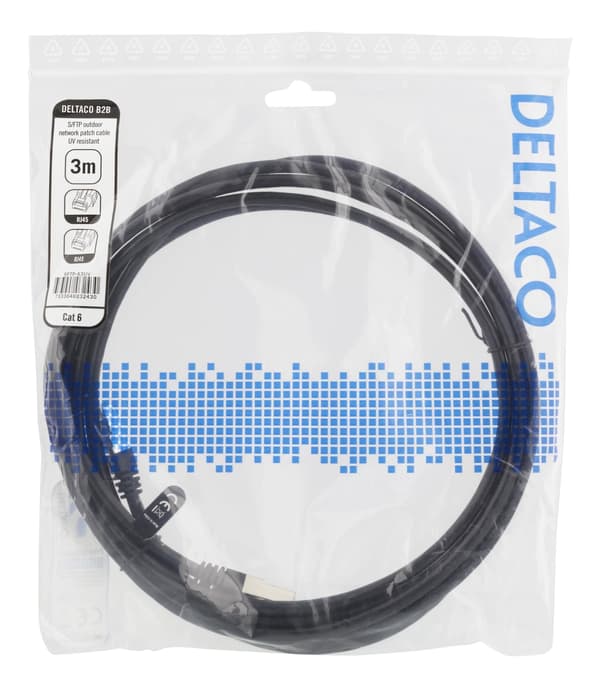 DELTACO S/FTP Cat6 patch cable, 3m, 250MHz, UV resistant, black