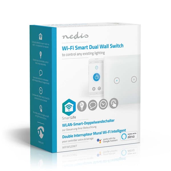 Nedis SmartLife Strömbrytare | Wi-Fi | Dubbel | Väggfäste | 1000 W | Android™ / IOS | Glas | Vit