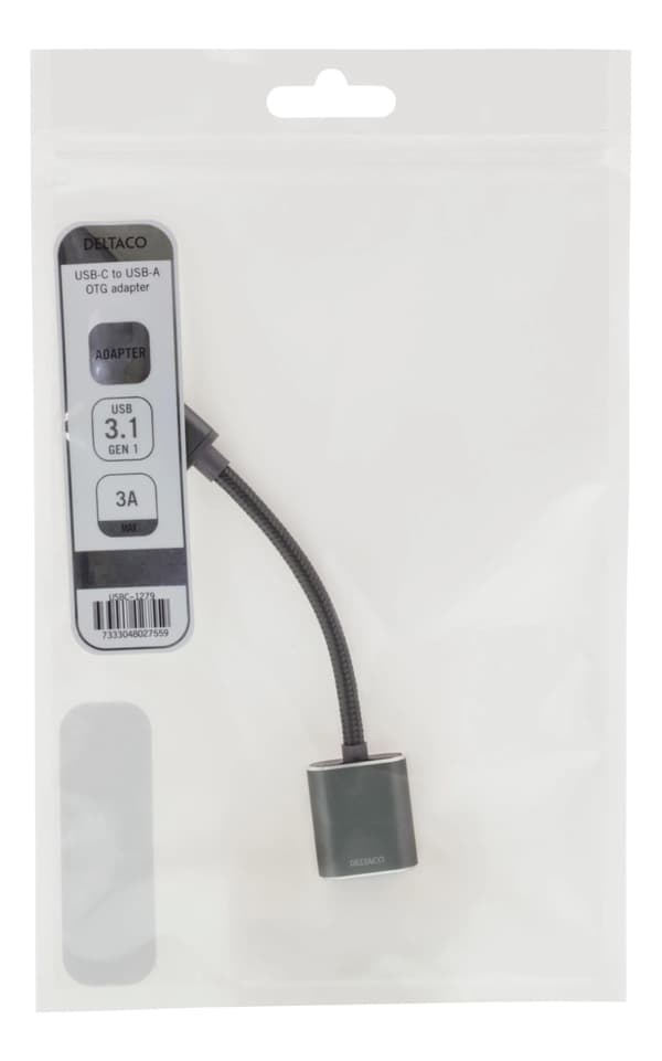 DELTACO USB-C 3.1 til USB-A OTG-adapter, aluminium, hvit pose, mellomgrå