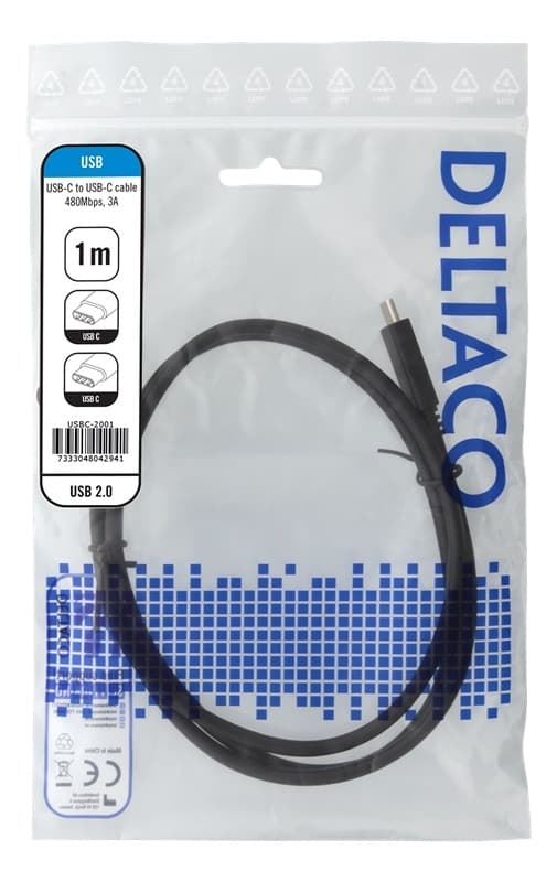 DELTACO USB 2.0-kabel, Type C - Type C, 1 m, svart