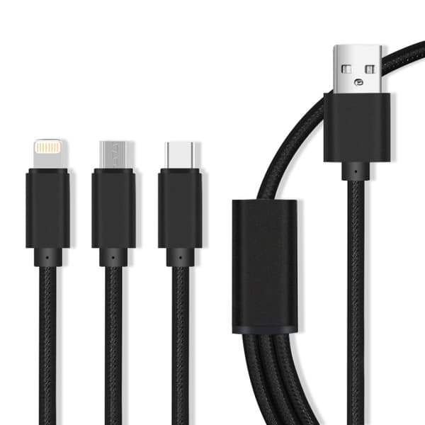 3in1 USB-pikalatauskaapeli - microUSB/USB-C/Lightning (2.1A), musta