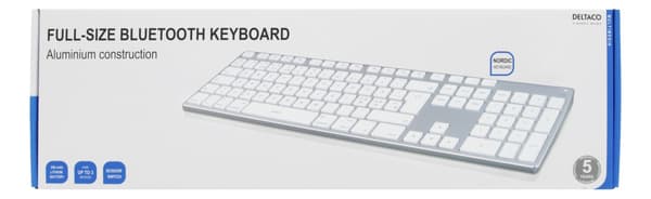DELTACO fullsize bluetooth keyboard, aluminium, rechargeable battery,
