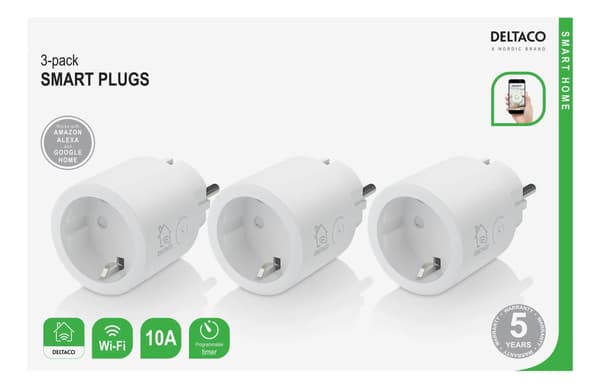 DELTACO SMART HOME strömbrytare, WiFi, 1xCEE 7/3, 10A, timer, 3-pack