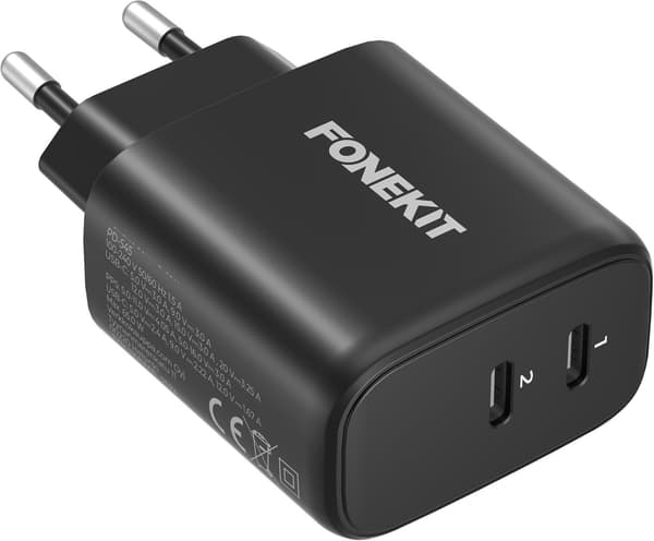 FoneKit GaN PD 65W AC-oplader, USB-C + USB-C, sort