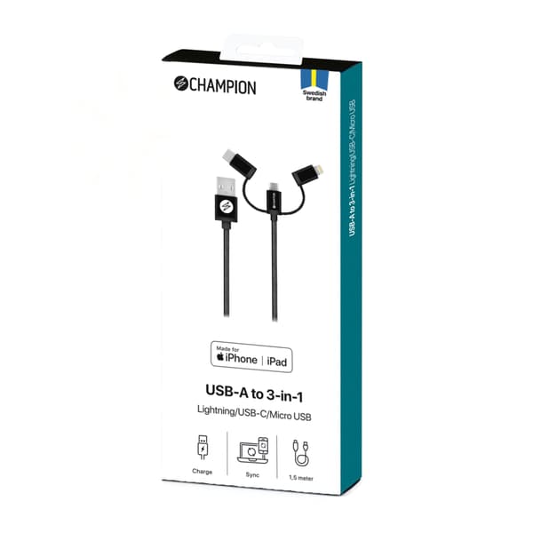 Champion USB-A til Lightning, USB-C og Micro-USB 1,5 m svart
