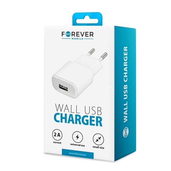 Forever USB-vegglader, 2A, hvit
