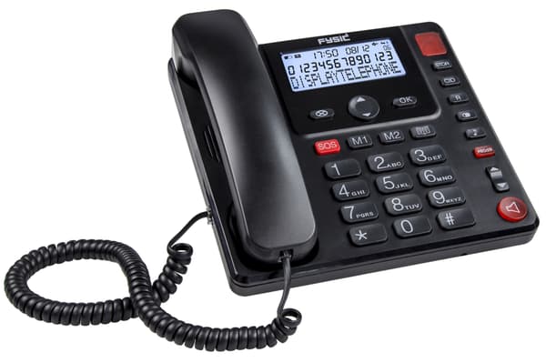 Fysic Ledningsbaseret telefon med stor knap og display til seniorer Sort