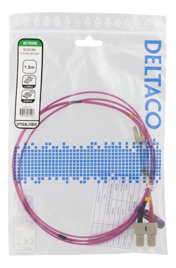 DELTACO OM4-kuitukaapeli, LC – SC, duplex, multimode, 50/125, 1,5m