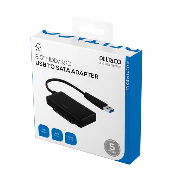 DELTACO sovitin USB 3.0 - SATA 6Gb/s, sov. 2,5" kiintolevyille, musta