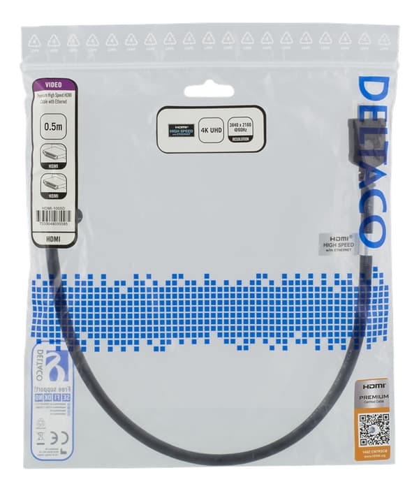 DELTACO High-Speed Premium HDMI -kaapeli, 0,5m, Ethernet, 4K UHD,musta
