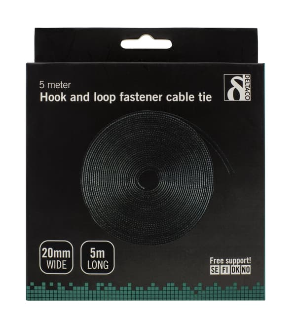 DELTACO Hook and loop fastener cable ties, width 20mm, 5m, black