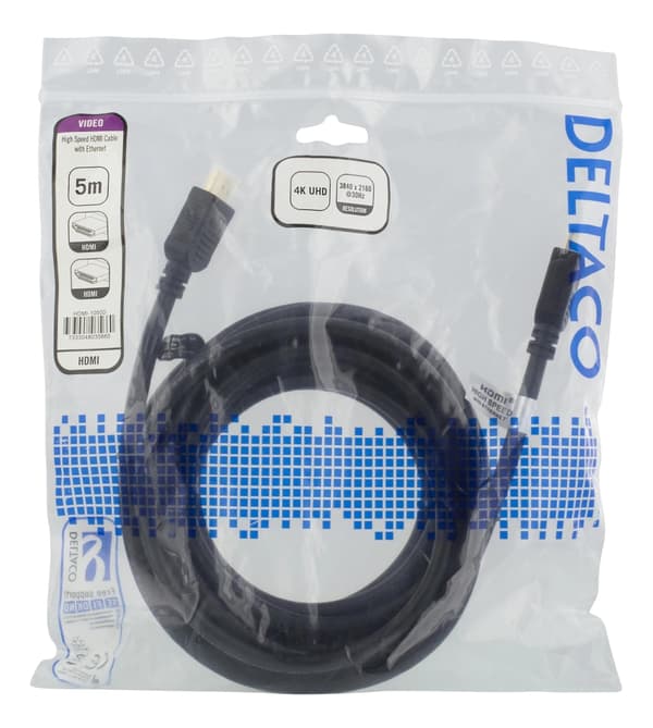 DELTACO High-Speed HDMI -kaapeli, 5m, Ethernet, 4K UHD, musta